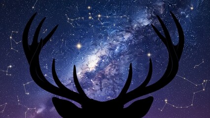 Majestic Deer Silhouette Against a Vibrant Milky Way Galaxy Night Sky with Constellations.
