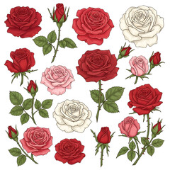 Fototapeta premium Red Rose Floral Pattern with Buds and Green Leaves on Transparent Background