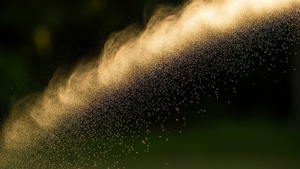 Golden dust particles illuminated by light creating a magical and ethereal atmosphere.