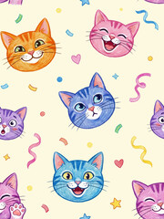 Crayon Cats - Cute colorful cat faces with party confetti seamless pattern