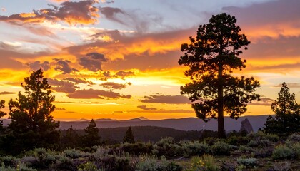Sunset over mountains, silhouette trees