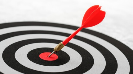 A red dart has hit the bullseye of a dartboard. The dartboard has alternating black and white rings