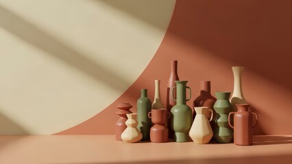Collection of various ceramic vases and pots in earthy tones on a shelf with abstract background.