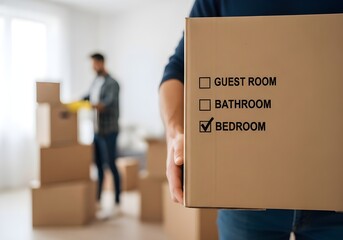 Man holding moving cardboard box with 'Bedroom' checked, symbolizing home relocation and organization.