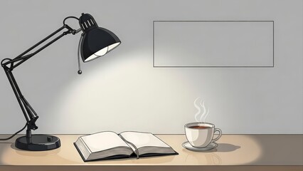 Cozy Study Scene with Desk Lamp, Open Book, and Steaming Coffee Cup.