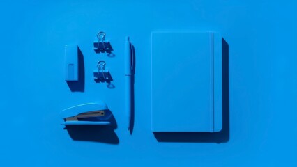 Minimalist Blue Stationery Set with Notebook and Office Supplies.