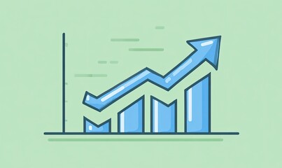 A stylized chart shows positive growth using a blue upward arrow and vertical bar graphs