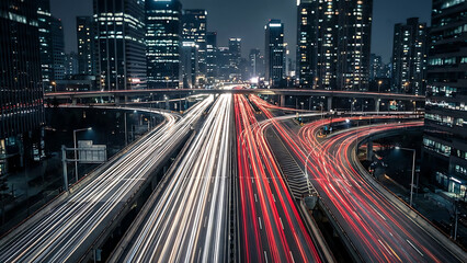 Dynamic long exposure of night city traffic vibrant light trails illuminate multi-lane urban highways, framed by towering modern skyscrapers