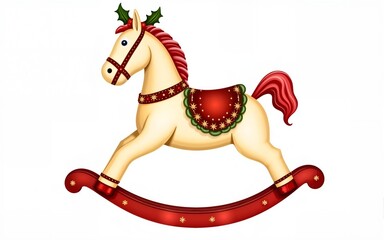 Watercolor Christmas rocking horse toy in cream and red with festive saddle decorated with holly leaves and snowflakes, traditional holiday vintage ornament. Vector illustration. High quality