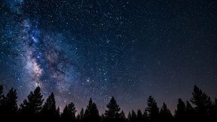 Stunning Milky Way Galaxy and Starry Night Sky Over Forest Silhouette.