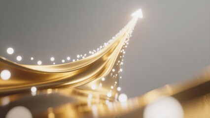 Golden ribbon soaring upward with glowing particles, radiating ambition and triumph against a soft gray backdrop.