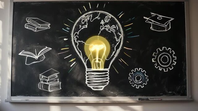 Global Idea: Lightbulb World Map on Chalkboard with Education Symbols