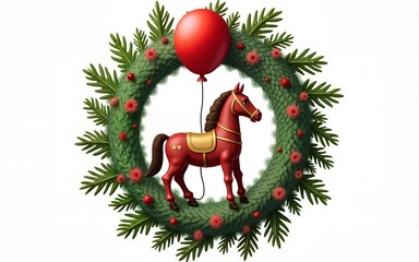 Christmas vintage festive wreath with evergreen spruce branches,vintage red balloon and horse toy illustration. Isolated New year and winter season clipart,symbol of 2026 year for poster, card design