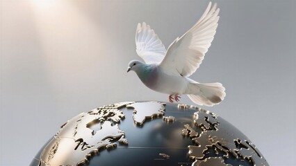 A white dove in graceful flight above a golden globe, symbolizing peace and global unity under soft radiant light.