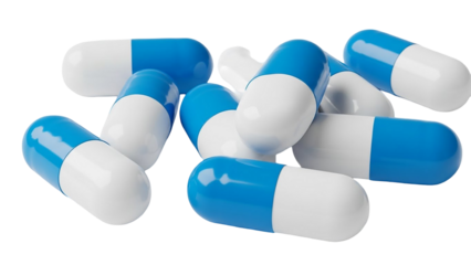 Pile of blue and white capsules isolated on transparent background