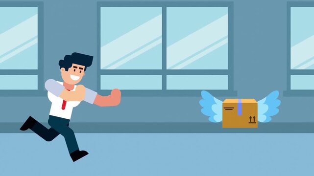 A businessman runs after a flying package box with wings, symbolizing the pursuit of delivery, logistics, shipping, or business opportunities in a modern office environment.

