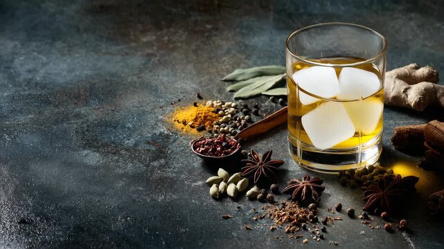 Whiskey in Rocks Glass with Spices on Dark Stone Surface