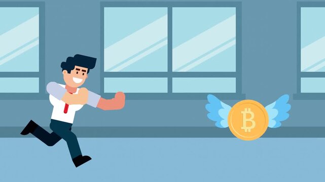  businessman runs after a flying Bitcoin coin with wings, symbolizing the pursuit of cryptocurrency, digital assets, investment opportunities, or financial success in a modern business environment