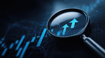 Close-up of magnifying glass on upward arrows symbolizing growth and charts
