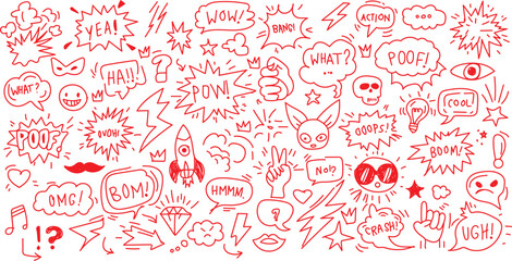 Set of hand drawn elements doodle comics isolated on white background. A diverse set of hand-drawn comic style doodle elements, perfect for adding a unique, playful touch to your designs.