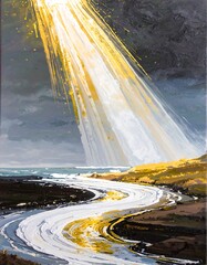 Sunlight beams on a winding coastline