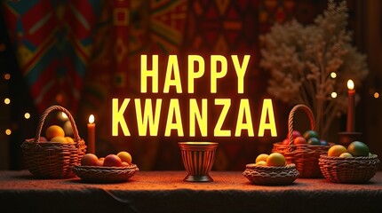 Colorful Kwanzaa celebration display with fruits and candles, featuring warm tones and intricate decorations.