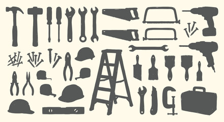 Tools. Hardware. Silhouette. A gray vector icon set of various construction and carpentry tool silhouettes for a hardware store's branding, a DIY blog, or a workshop design element.