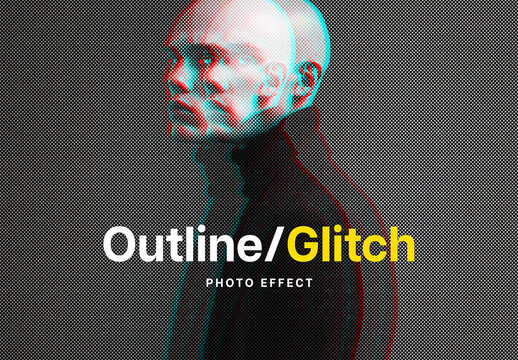 Outline Glitch Halftone Photo Effect Mockup