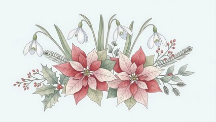 Watercolor Poinsettia and Snowdrop Bouquet.