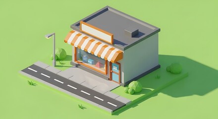 Isometric Storefront Illustration with Striped Awning and Street.