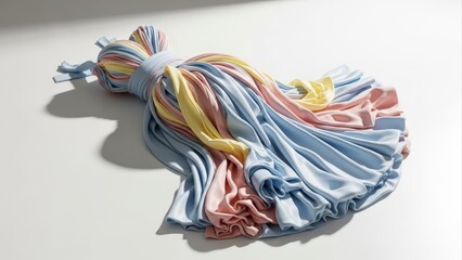 Colorful Fabric Tassel on White Surface with Soft Shadows.