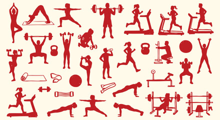 Fitness. Gym. Workout. A red vector silhouette icon set of people exercising and gym equipment for a fitness center's branding, a workout app, a personal trainer's logo, or a health blog.