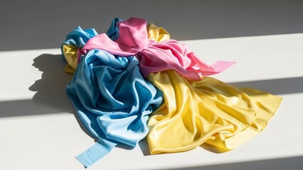 Colorful Silky Fabric Draped on White Surface with Sunlight and Shadows.
