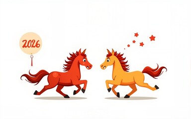 Chinese calendar New Year symbol. Vector cute cartoon running horses illustration on white background. Happy New Year greeting card, banner template. 2026 Year of the Fire Horse. High quality