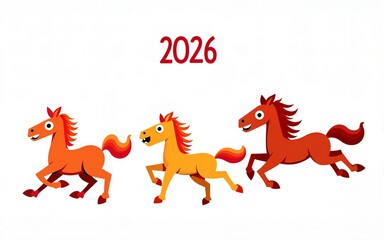 Chinese calendar New Year symbol. Vector cute cartoon running horses illustration on white background. Happy New Year greeting card, banner template. 2026 Year of the Fire Horse. High quality
