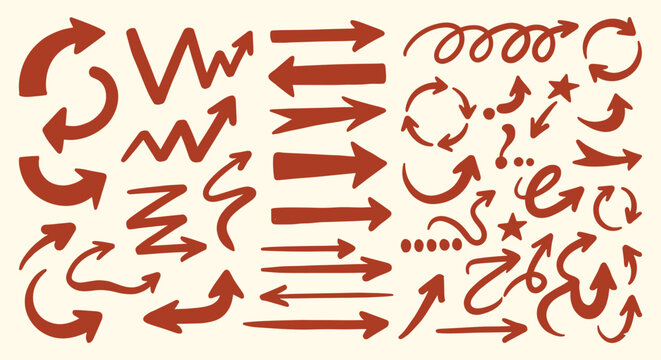 Arrow. Hand Drawn. Doodle. A red vector set of various creative arrows with a grunge texture for a presentation, a mind map, a social media post, or a fun and dynamic design element.