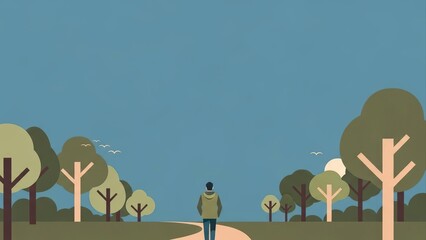 Man Walking Alone on a Path Through a Serene Forest Landscape at Dusk.