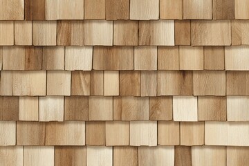 Close-up of layered, rectangular wooden shingles, arranged in a textured, overlapping pattern