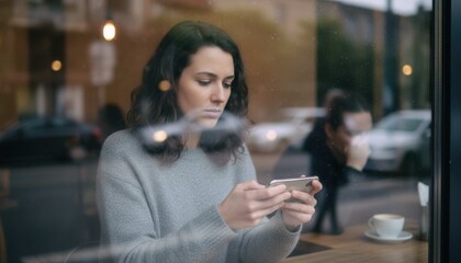  S&eacute;rie real life - Un jeune femme est photographi&eacute; &agrave; travers une vitre l&eacute;g&egrave;rement sale, avec des reflets lumineux cr&eacute;ant un effet de bokeh chaleureux
