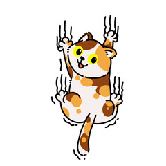 Energetic cartoon cat leaping with extended claws and excited expression, capturing playful movement and lively pet behavior in a cute illustration.