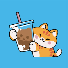 Cheerful cartoon cat happily holding a cup of bubble tea.