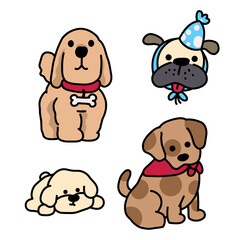 Playful cartoon illustration of four adorable dogs in various fun poses.