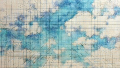 Fototapeta premium Blue watercolor-style abstract with grid lines and cloud-like shapes