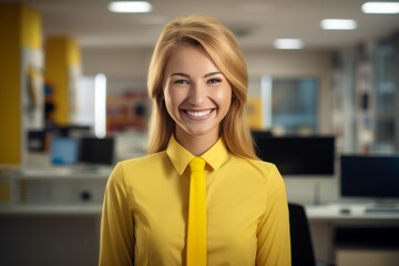 Brightly lit office setting featuring a cheerful young woman in a yellow shirt with a tie, smiling warmly at the camera