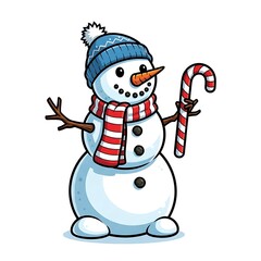 Cute Snowman with Scarf and Hat in Winter Snow &ndash; Holiday Christmas Card Illustration