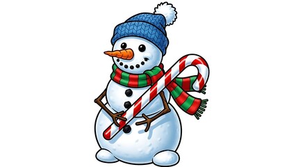 Cute Snowman with Scarf and Hat in Winter Snow &ndash; Holiday Christmas Card Illustration