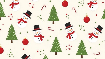 Festive Christmas Pattern with Snowmen, Trees, and Ornaments.