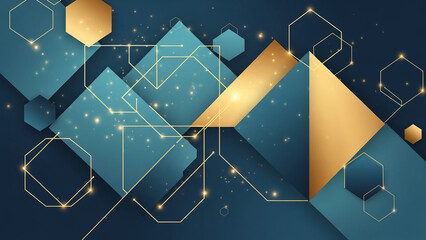 Elegant abstract background with golden geometric shapes interconnected lines and sparkling particles on a dark teal gradient perfect for technology business or luxury design