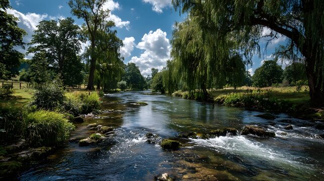 Wide river flows over small rapids between lush green banks and hanging willow trees under a sunny summer sky with fluffy white clouds.