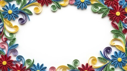 Vibrant Quilling Paper Art Frame with Colorful Flowers and Swirls on White Background.